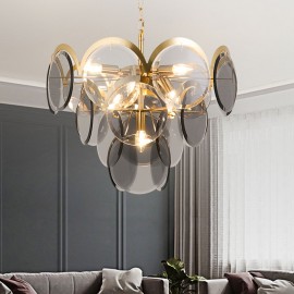 Simple Art Living Room Round Ceiling Led Pendant Light Copper Glass Chandelier Lamp